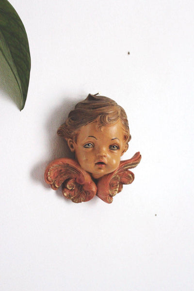 Vintage Fontanini Winged Cherub Heads Angels Pair Wall Plaques Italy Hand Painted