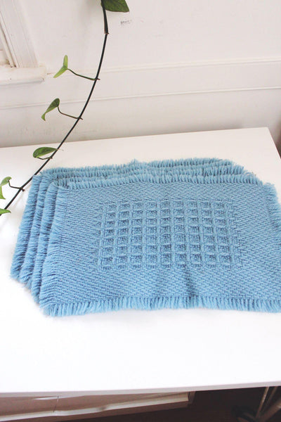 Vintage Blue Woven Placemats Fringe Waffle Grid Basketweave Set Of 4 Cottagecore