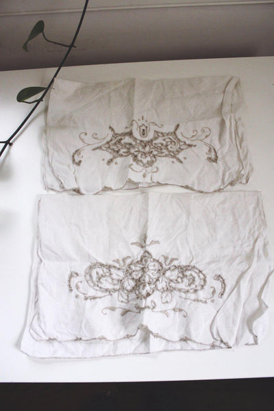 Vintage White Embroidered Linen Fabric Panels Floral Cutwork Pair Cottagecore