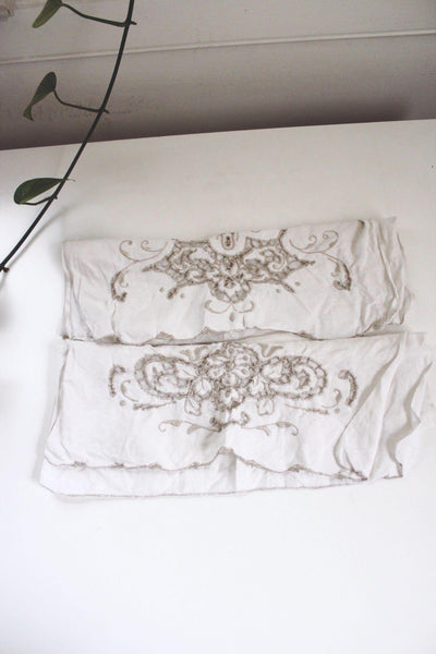 Vintage White Embroidered Linen Fabric Panels Floral Cutwork Pair Cottagecore