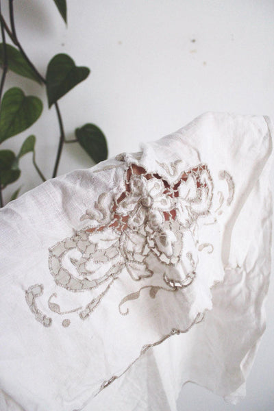 Vintage White Embroidered Linen Fabric Panels Floral Cutwork Pair Cottagecore