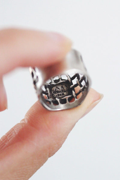 Modernist Brutalist Sterling Silver Garnet Statement Ring Grid Net A.S. Israel 925 Size 5