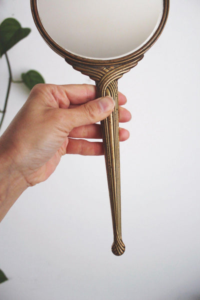 Vintage Art Deco Nouveau Brass Handheld Vanity Hand Mirror Round Glass Ornate