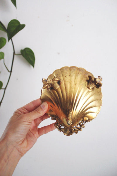 Vintage Gold Clam Shell Vanity Dish Rose Leaf Mid Century Trinket Tray Ashtray Catchall