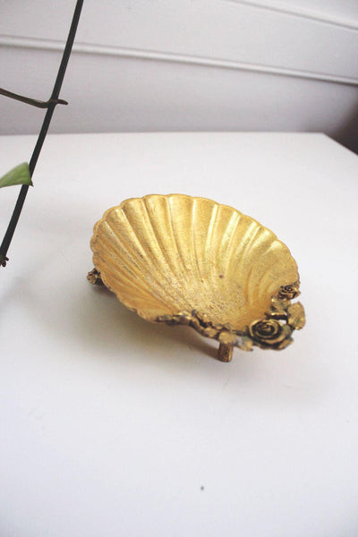 Vintage Gold Clam Shell Vanity Dish Rose Leaf Mid Century Trinket Tray Ashtray Catchall