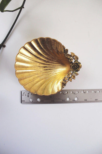 Vintage Gold Clam Shell Vanity Dish Rose Leaf Mid Century Trinket Tray Ashtray Catchall