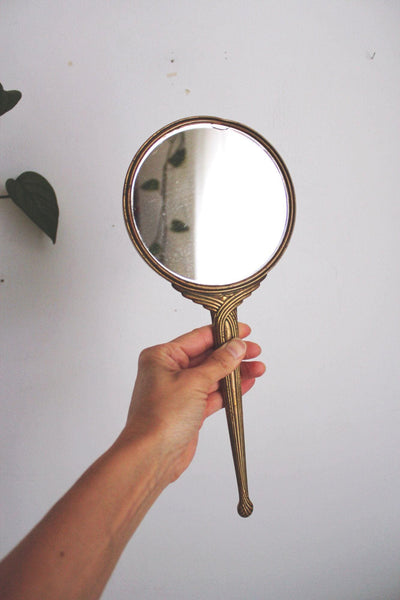 Vintage Art Deco Nouveau Brass Handheld Vanity Hand Mirror Round Glass Ornate