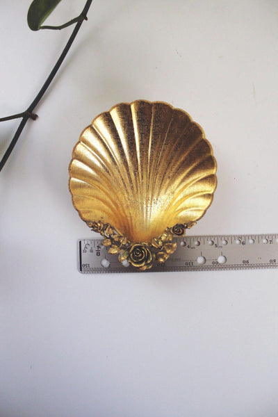 Vintage Gold Clam Shell Vanity Dish Rose Leaf Mid Century Trinket Tray Ashtray Catchall