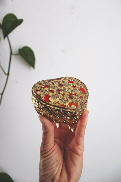 Vintage Ornate Heart Gold Metal Filigree Jewelry Trinket Box Floral Red Velvet Mid Century