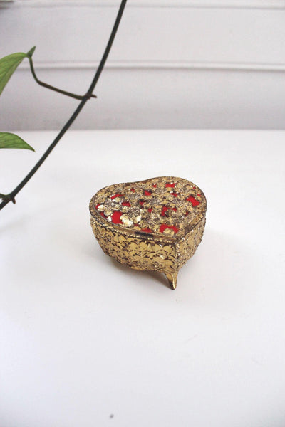Vintage Ornate Heart Gold Metal Filigree Jewelry Trinket Box Floral Red Velvet Mid Century