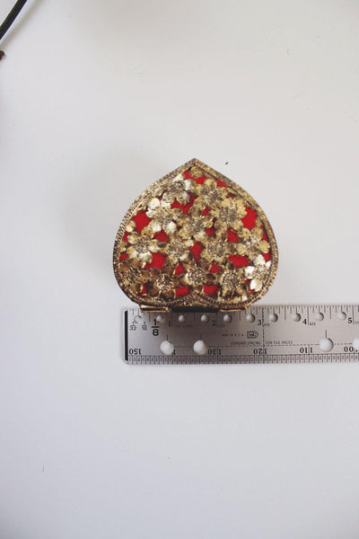 Vintage Ornate Heart Gold Metal Filigree Jewelry Trinket Box Floral Red Velvet Mid Century