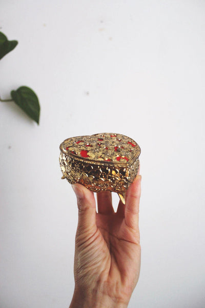 Vintage Ornate Heart Gold Metal Filigree Jewelry Trinket Box Floral Red Velvet Mid Century