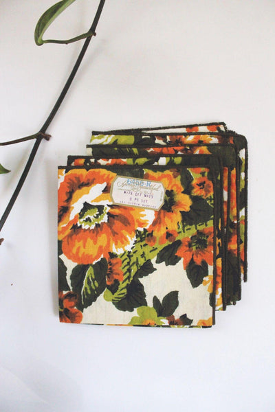 Vintage Floral Cotton Napkins Set Of 4 Square Retro Mid Century 60 70s Orange Green