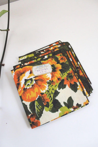 Vintage Floral Cotton Napkins Set Of 4 Square Retro Mid Century 60 70s Orange Green