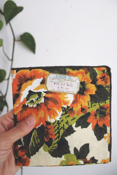 Vintage Floral Cotton Napkins Set Of 4 Square Retro Mid Century 60 70s Orange Green
