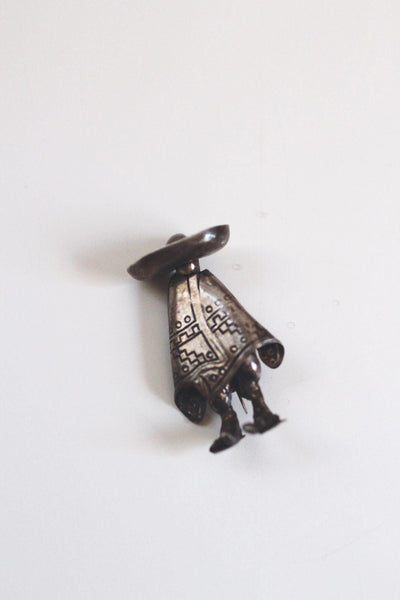 Vintage Sterling Silver Mexican Figural Sombrero Man Brooch Poncho Taxco