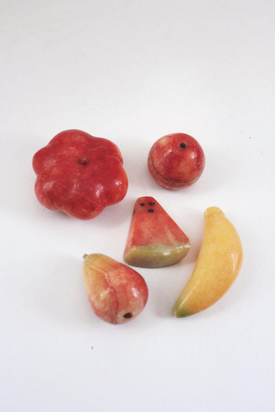 Vintage Hand Carved Stone Fruits Set Alabaster Marble Onyx Banana Apple Mid Century Italy