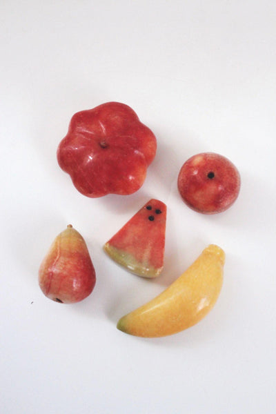 Vintage Hand Carved Stone Fruits Set Alabaster Marble Onyx Banana Apple Mid Century Italy
