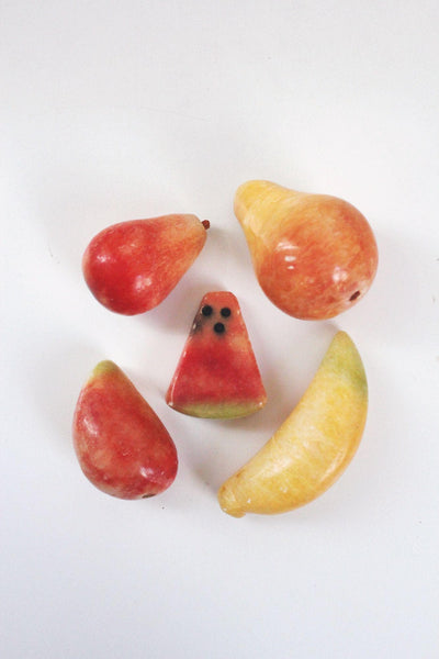 Vintage Alabaster Stone Fruit Hand-Carved Watermelon Banana Italy Mid Century Marble Onyx