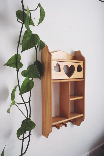 Vintage White Wooden Trinket Shelf Wall Organizer - Heart Cutouts & Hooks - Cottagecore, Rustic, Farmhouse