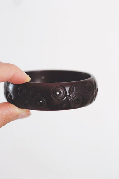 Vintage Carved Bakelite Bangle Bracelet Oxblood Red Brown Art Deco Circle Dot Floral