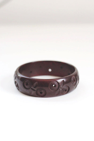 Vintage Carved Bakelite Bangle Bracelet Oxblood Red Brown Art Deco Circle Dot Floral