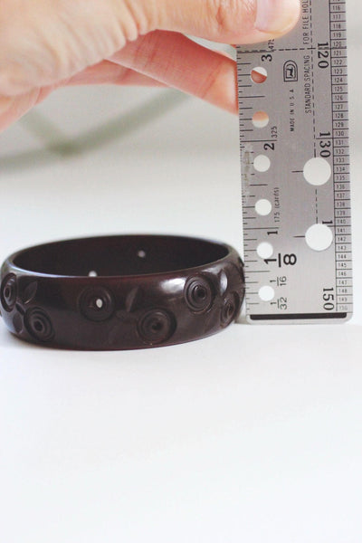 Vintage Carved Bakelite Bangle Bracelet Oxblood Red Brown Art Deco Circle Dot Floral