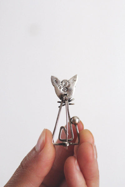 Vintage Modernist Sterling Silver Cat Brooch Taxco Mexico Geometric MCM Mid Century