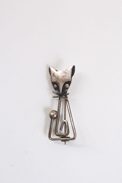 Vintage Modernist Sterling Silver Cat Brooch Taxco Mexico Geometric MCM Mid Century