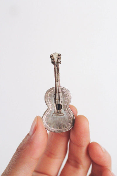 Vintage Sterling Silver Guitar Brooch Pin Mexico Taxco Handcrafted Mid Century