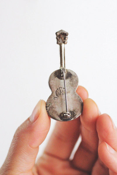 Vintage Sterling Silver Guitar Brooch Pin Mexico Taxco Handcrafted Mid Century