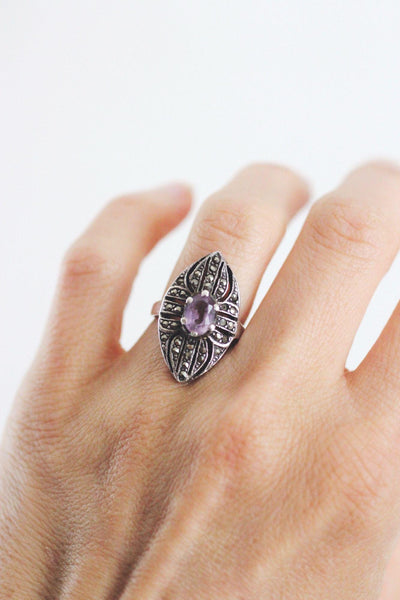 Vintage Sterling Silver Art Deco Amethyst Marcasite Cocktail Ring Gemstone 4.5