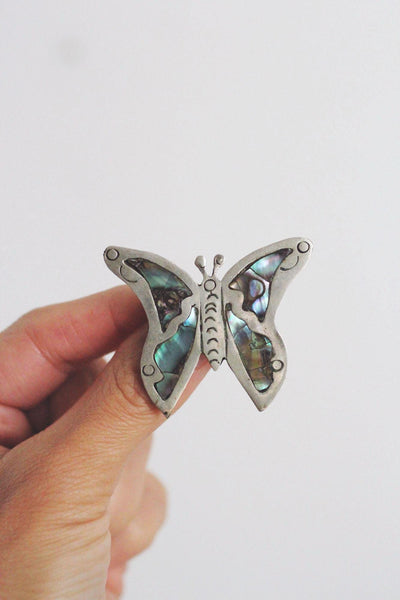Vintage Mexican Alpaca Silver Abalone Butterfly Brooch Pin Handcrafted Jewelry Taxco
