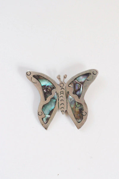 Vintage Mexican Alpaca Silver Abalone Butterfly Brooch Pin Handcrafted Jewelry Taxco