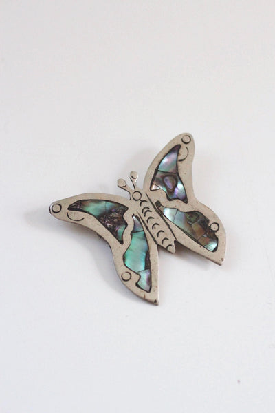 Vintage Mexican Alpaca Silver Abalone Butterfly Brooch Pin Handcrafted Jewelry Taxco