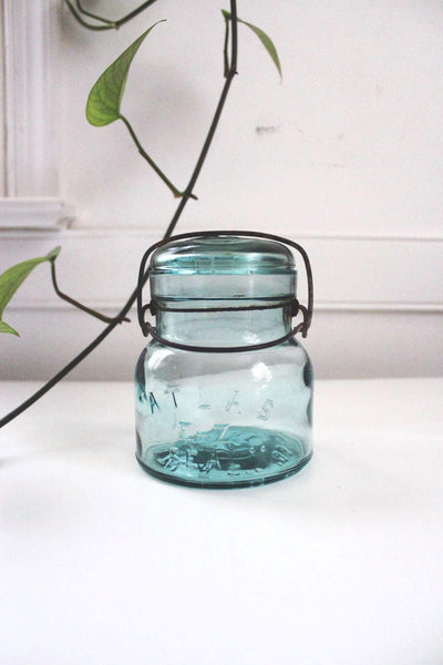 Antique Atlas E-Z Seal Aqua Blue Glass Canning Jar Wire Bail Lid Vintage Rustic Farmhouse
