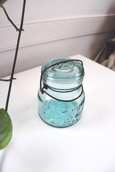Antique Atlas E-Z Seal Aqua Blue Glass Canning Jar Wire Bail Lid Vintage Rustic Farmhouse