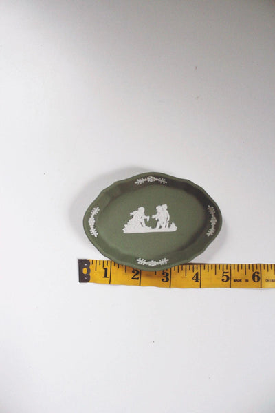 Vintage Wedgwood Sage Green Jasperware Oval Trinket Dish England Cherubs Ceramic Matte
