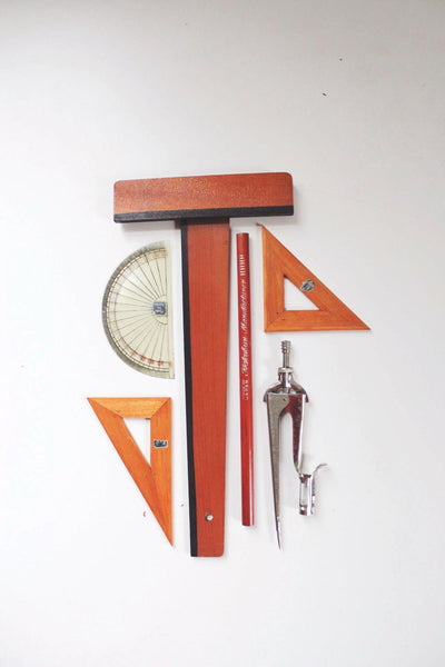 Vintage Architects Drafting Geometry Tool Set Japan Compass Protractor Triangles T-Square