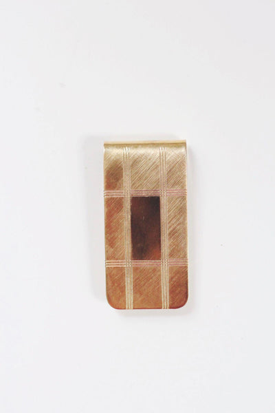 Vintage Gold-Tone Money Clip Art Deco Engine Grid Plaid Etched Design
