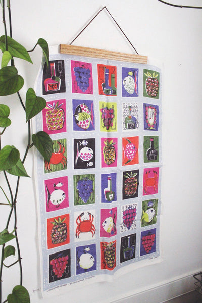 Vintage Pure Linen Kitchen Tea Towel Wall Hanging Mid Century Pop Art Linen Ireland