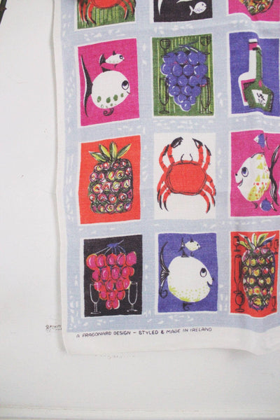 Vintage Pure Linen Kitchen Tea Towel Wall Hanging Mid Century Pop Art Linen Ireland