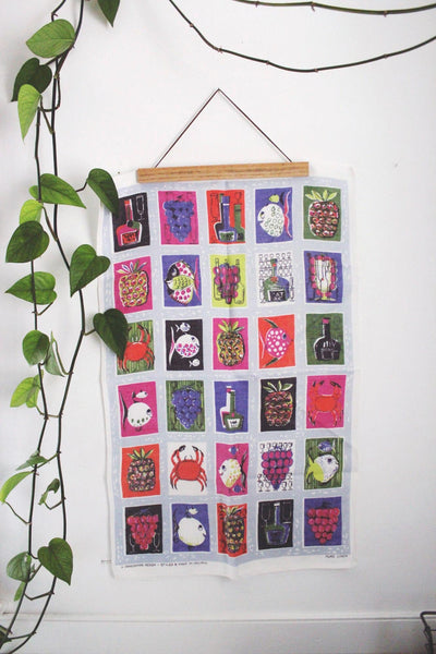 Vintage Pure Linen Kitchen Tea Towel Wall Hanging Mid Century Pop Art Linen Ireland