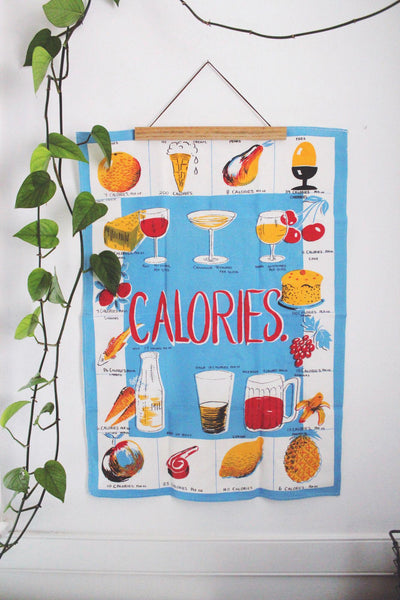 Vintage Mid-Century Linen Kitchen Tea Towel Wall Hanging Calories Novelty Graphic Design