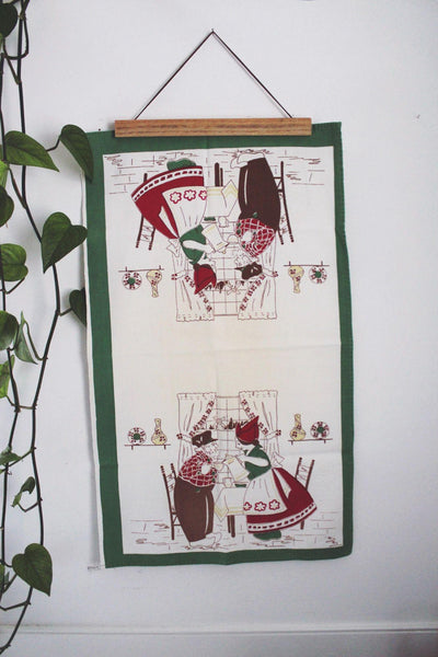 Vintage Linen Tea Towel Folk Art Dutch Couple Coffee Mid Century Novelty Farmhouse