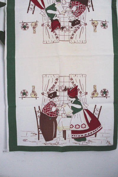 Vintage Linen Tea Towel Folk Art Dutch Couple Coffee Mid Century Novelty Farmhouse