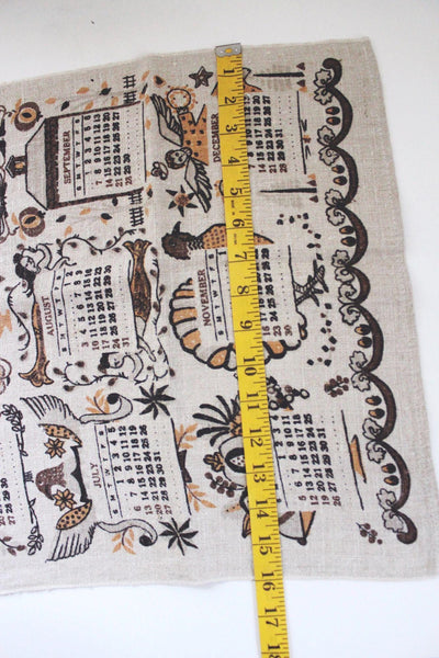 Vintage 1958 Linen Calendar Towel Pennsylvania Folk Art Pure Linen Stevens