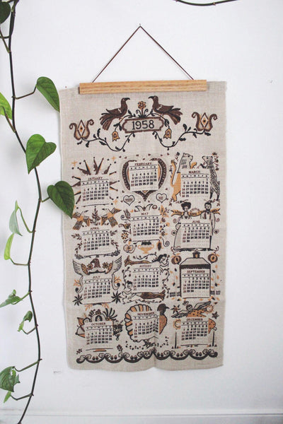 Vintage 1958 Linen Calendar Towel Pennsylvania Folk Art Pure Linen Stevens