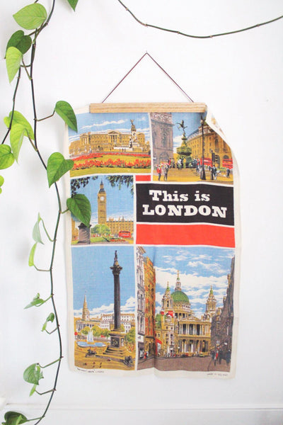 Vintage London Souvenir Tea Towel Wall Hanging Irish Linen Retro Mid-Century Landmarks