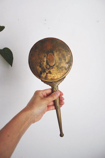 Vintage Art Deco Nouveau Brass Handheld Vanity Hand Mirror Round Glass Ornate